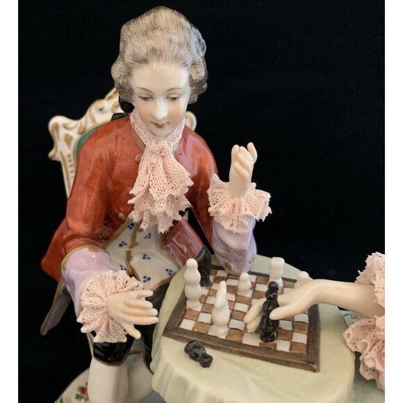 Dresden Volkstedt Porcelain Lace Couple Playing Chess 10" Wide Antique Victorian - Picture 7 of 16